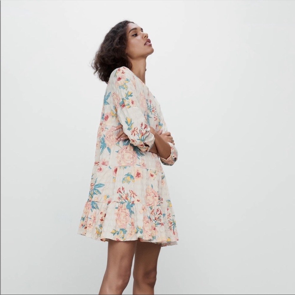 Zara 3/4 Sleeve Floral Mini Dress Small